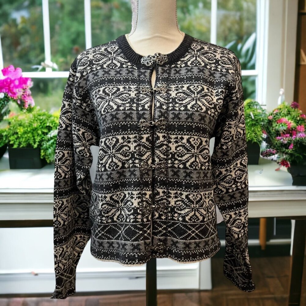 Woolrich Gray Nordic Style‎ Cotton Fair Isle Clasp Cardigan Sweater Size Large
